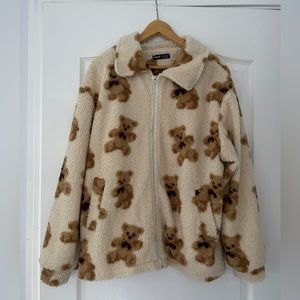 SHEIN Tan Teddy Bear Print Zip Up Jacket